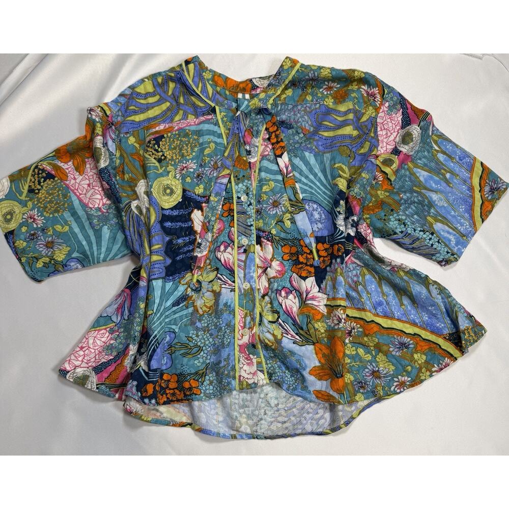 Anthropologie Flora Boho Blouse Women‎ S Colorful Art Print Tie Neck Button
